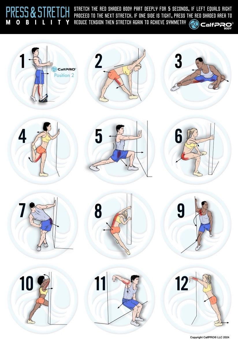 CalfPRO® calf stretcher is a portable and collapsible Calf stretcher that locks your heel in place to deeply stretch your calf. Plantar fasciitis stretches. Helps fix plantar fasciitis and achilles tendonitis pain. Leveraged Calf Stretcher. CalfPRO is World's deepest Calf Stretch. 12 Stretch poster.