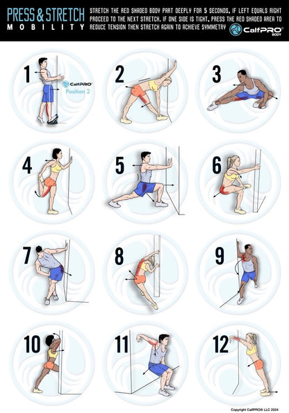 CalfPRO® calf stretcher is a portable and collapsible Calf stretcher that locks your heel in place to deeply stretch your calf. Plantar fasciitis stretches. Helps fix plantar fasciitis and achilles tendonitis pain. Leveraged Calf Stretcher. CalfPRO is World's deepest Calf Stretch. 12 Stretch poster.