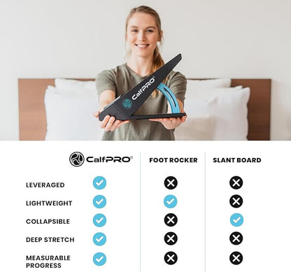 CalfPRO® deep calf stretcher is a portable and collapsible Calf stretcher that locks your heel in place to deeply stretch your calf. Helps fix plantar fasciitis and achilles tendonitis pain. Leveraged Calf Stretcher. CalfPRO is World's deepest Calf Stretching device, for heel pain.
