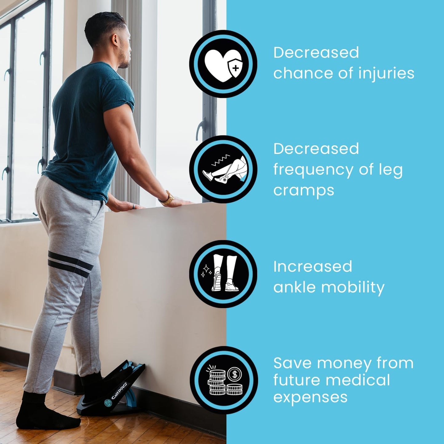 CalfPRO® deep calf stretcher is a portable and collapsible Calf stretcher that locks your heel in place to deeply stretch your calf. Helps fix plantar fasciitis and achilles tendonitis pain. Leveraged Calf Stretcher. CalfPRO is World's deepest Calf Stretching device, for heel pain.