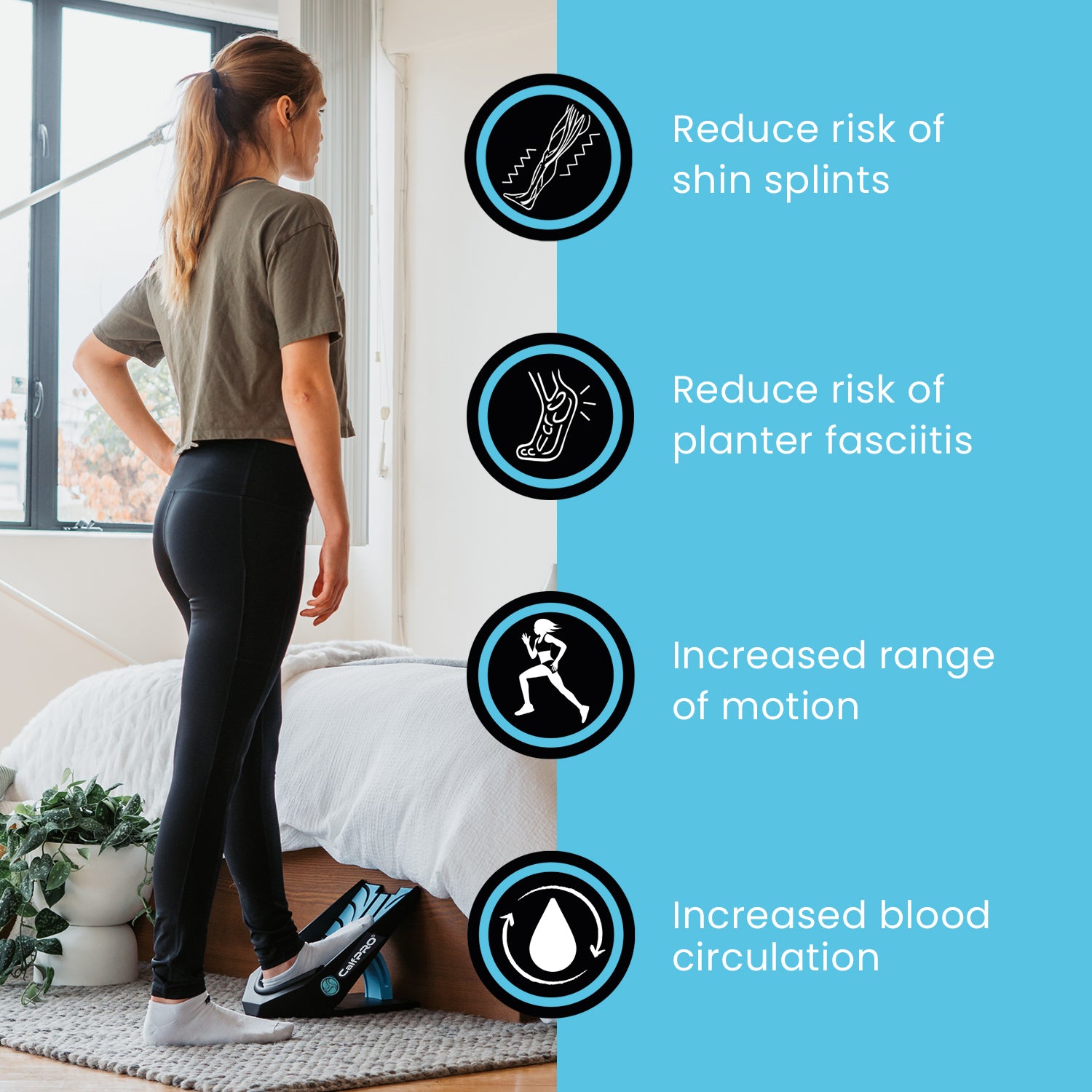 CalfPRO® calf stretcher is a portable and collapsible Calf stretcher that locks your heel in place to deeply stretch your Calf. Plantar fasciitis stretcher. Shin Splints Stretcher. Foot and Ankle mobility stretcher. Helps relieve plantar fasciitis and achilles tendonitis and heel pain. Leveraged Calf Stretcher. CalfPRO is World's deepest Calf Stretch.